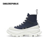 Navy Blue Smile Toe Canvas Chunky Platform High Top Lace Up Sneakers