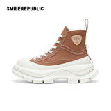 Khaki Canvas Smile Toe Chunky Platform Sneakers, Unisex High Top Lace Up Shoes