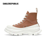 Khaki Canvas Smile Toe Chunky Platform Sneakers, Unisex High Top Lace Up Shoes