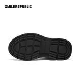 Black Smile Toe Canvas Chunky Platform High Top Sneakers, Unisex Lace-Up Casual Streetwear Shoes