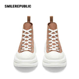 Khaki Canvas Smile Toe Chunky Platform Sneakers, Unisex High Top Lace Up Shoes
