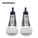 Navy Blue Smile Toe Canvas Chunky Platform High Top Lace Up Sneakers