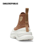 Khaki Canvas Smile Toe Chunky Platform Sneakers, Unisex High Top Lace Up Shoes
