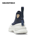 Navy Blue Smile Toe Canvas Chunky Platform High Top Lace Up Sneakers