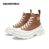Khaki Canvas Smile Toe Chunky Platform Sneakers, Unisex High Top Lace Up Shoes