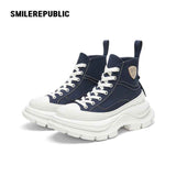 Navy Blue Smile Toe Canvas Chunky Platform High Top Lace Up Sneakers