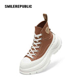 Khaki Canvas Smile Toe Chunky Platform Sneakers, Unisex High Top Lace Up Shoes