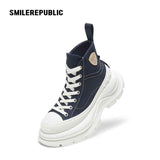 Navy Blue Smile Toe Canvas Chunky Platform High Top Lace Up Sneakers