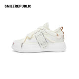White Frayed Edge Smile Toe Platform Sneakers, Unisex Low Top Lace Up Shoes
