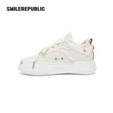 White Frayed Edge Smile Toe Platform Sneakers, Unisex Low Top Lace Up Shoes