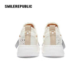 White Frayed Edge Smile Toe Platform Sneakers, Unisex Low Top Lace Up Shoes