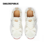 White Frayed Edge Smile Toe Platform Sneakers, Unisex Low Top Lace Up Shoes
