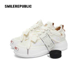 White Frayed Edge Smile Toe Platform Sneakers, Unisex Low Top Lace Up Shoes