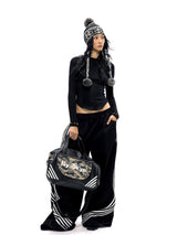 NyDkyel™ Black patchwork camouflage canvas leather embroidered logo cylinder bag