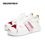 Cream Heart Patch Frayed Low Top Platform Sneakers for Women, Lace Up Smile Toe Casual Shoes