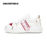 Cream Heart Patch Frayed Low Top Platform Sneakers for Women, Lace Up Smile Toe Casual Shoes
