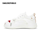 Cream Heart Patch Frayed Low Top Platform Sneakers for Women, Lace Up Smile Toe Casual Shoes