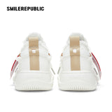 Cream Heart Patch Frayed Low Top Platform Sneakers for Women, Lace Up Smile Toe Casual Shoes