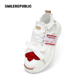 Cream Heart Patch Frayed Low Top Platform Sneakers for Women, Lace Up Smile Toe Casual Shoes