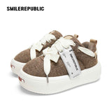 Brown Tweed Platform Sneakers with Interchangeable Laces, Unisex Low Top Shoes