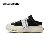 Black Frayed Canvas Backless Platform Sneakers with Cream Sole