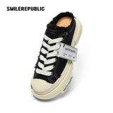 Black Frayed Canvas Backless Platform Sneakers with Cream Sole