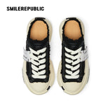Black Frayed Canvas Backless Platform Sneakers with Cream Sole