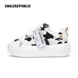 Black White Cow Print Twill Platform Sneakers, Unisex Lace Up Shoes
