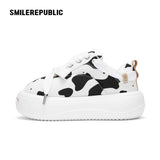 Black White Cow Print Twill Platform Sneakers, Unisex Lace Up Shoes