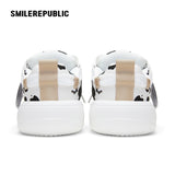 Black White Cow Print Twill Platform Sneakers, Unisex Lace Up Shoes