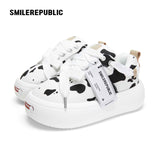 Black White Cow Print Twill Platform Sneakers, Unisex Lace Up Shoes