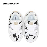Black White Cow Print Twill Platform Sneakers, Unisex Lace Up Shoes