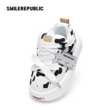 Black White Cow Print Twill Platform Sneakers, Unisex Lace Up Shoes