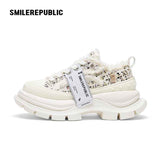 Off White Speckled Tweed Frayed Smile Toe Chunky Platform Sneakers, Unisex Low Top