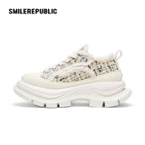 Off White Speckled Tweed Frayed Smile Toe Chunky Platform Sneakers, Unisex Low Top