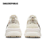 Off White Speckled Tweed Frayed Smile Toe Chunky Platform Sneakers, Unisex Low Top