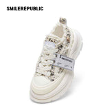 Off White Speckled Tweed Frayed Smile Toe Chunky Platform Sneakers, Unisex Low Top