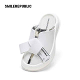 White Oversized Bow Platform Slide Sandals, Unisex Slip-On Open-Toe Chunky Sole Summer Mules