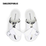White Oversized Bow Platform Slide Sandals, Unisex Slip-On Open-Toe Chunky Sole Summer Mules