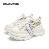 Off White Speckled Tweed Frayed Smile Toe Chunky Platform Sneakers, Unisex Low Top
