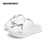 White Oversized Bow Platform Slide Sandals, Unisex Slip-On Open-Toe Chunky Sole Summer Mules