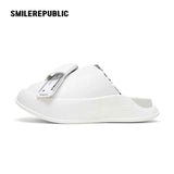 White Oversized Bow Platform Slide Sandals, Unisex Slip-On Open-Toe Chunky Sole Summer Mules