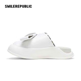 White Oversized Bow Platform Slide Sandals, Unisex Slip-On Open-Toe Chunky Sole Summer Mules