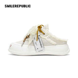 Women's Ash Gray Frayed Trim Platform Sneaker Mules with Smile Toe