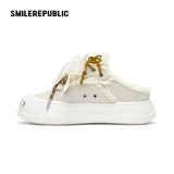 Women's Ash Gray Frayed Trim Platform Sneaker Mules with Smile Toe