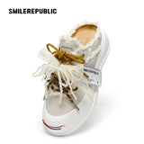 Women's Ash Gray Frayed Trim Platform Sneaker Mules with Smile Toe