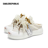 Women's Ash Gray Frayed Trim Platform Sneaker Mules with Smile Toe