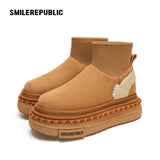 Almond Tan Pull-On Stretch Shaft Chunky Platform Ankle Boots with Pom-Pom Trim
