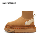 Almond Tan Pull-On Stretch Shaft Chunky Platform Ankle Boots with Pom-Pom Trim