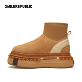 Almond Tan Pull-On Stretch Shaft Chunky Platform Ankle Boots with Pom-Pom Trim